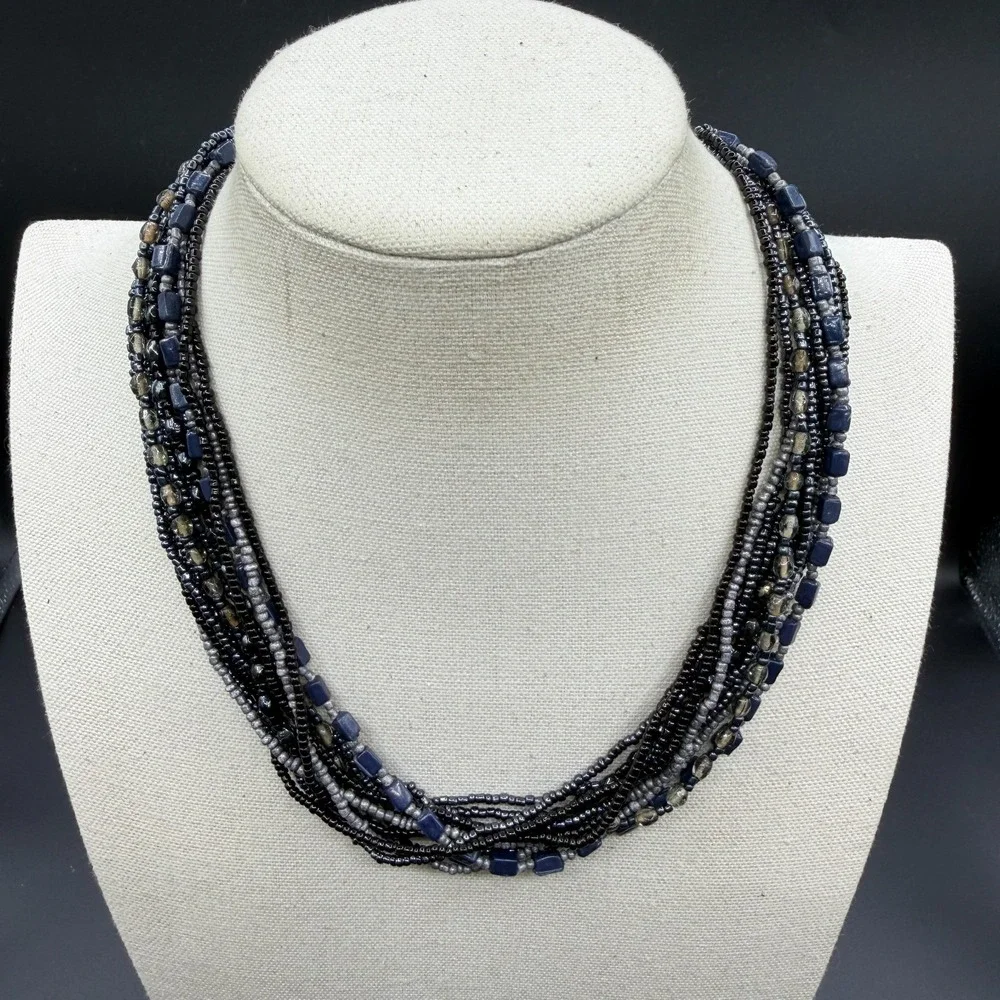 Multi Strand Black Gray Blue Beaded Statement Necklace Layered Boho AdjustableMu